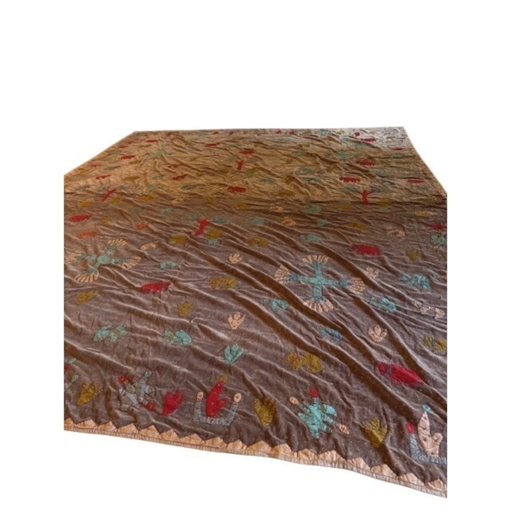 Tienda Ho Velvet Folk Art Applique Embroidered Throw Blanket Brown Boho India